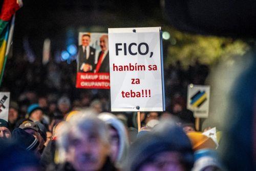 epa11817197 A protester holds a placard reading 'Fico, I'm ashamed of you' during a demonstration against the Slovak prime minister, in front of the Government Office building, in Bratislava, Slovakia, 10 January 2025. The protests, titled 'Slovakia is Europe- Enough of Russia!', were sparked by Prime Minister Robert Fico's meeting with Russian President...