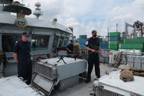 epa11825505 British Royal Navy members stand on the deck of the Batch 2 River-class offshore patrol vessel HMS Spey at Tanjung Prior port in Jakarta, Indonesia, 15 January 2025. HMS Spey will visit Jakarta from 15 to 21 January to engage with the Indonesian navy in military cooperation and conduct cultural activities with Indonesian partners.  EPA/ADI WEDA