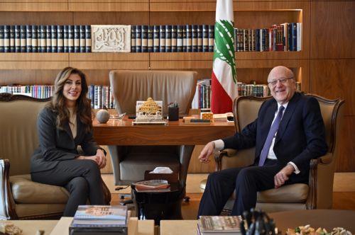 epa11882257 Lebanese outgoing Prime Minister Najib Mikati (R) meets with US Deputy Special Envoy for Middle East Morgan Ortagus (L) in Beirut, Lebanon, 08 February 2025. Morgan Ortagus is on an official visit to Lebanon to discuss several issues with Lebanese officials, including a ceasefire between Lebanon and Israel.  EPA/WAEL HAMZEH