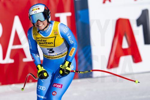 epa11882353 Nicol Delago of Italy reacts in the finish area during the Women's Downhill race at the FIS Alpine Skiing World Championships in Saalbach Hinterglemm, Austria, 08 February 2025.  EPA/JEAN-CHRISTOPHE BOTT