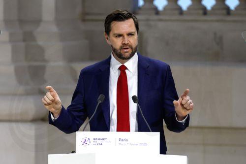 epa11888246 US Vice President JD Vance delivers a speech during a plenary session of the Artificial Intelligence (AI) Action Summit at the Grand Palais in Paris, France, 11 February 2025. The summit takes place from 10 to 11 February.  EPA/MOHAMMED BADRA