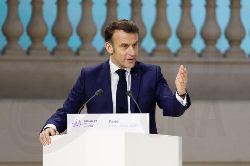 epa11888273 French President Emmanuel Macron delivers a speech during a plenary session of the Artificial Intelligence (AI) Action Summit at the Grand Palais in Paris, France, 11 February 2025. The summit takes place from 10 to 11 February.  EPA/MOHAMMED BADRA