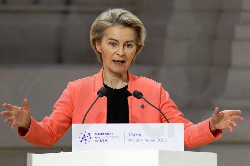 epa11888327 European Commission President Ursula von der Leyen delivers a speech during a plenary session of the Artificial Intelligence (AI) Action Summit at the Grand Palais in Paris, France, 11 February 2025. The summit takes place from 10 to 11 February.  EPA/MOHAMMED BADRA