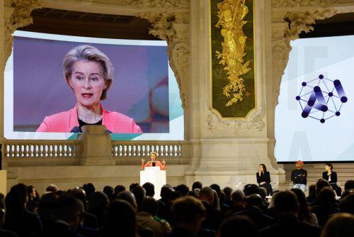epa11888446 European Commission President Ursula von der Leyen (L) delivers a speech during a plenary session of the Artificial Intelligence (AI) Action Summit at the Grand Palais in Paris, France, 11 February 2025. The summit takes place from 10 to 11 February.  EPA/MOHAMMED BADRA