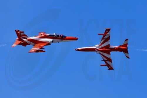 epa11890768 Kiran Mk II aircraft of the Indian Air Force (IAF) Surya Kiran Aerobatic Team (SKAT) perform during performs during the 15th 'Aero India' air show at the Yelahanka Air Force Station in Bangalore, India, 12 February 2025. The air show and aviation exhibition gathers more than 800 global exhibitors and runs from 10 to 14 February 2025. ...