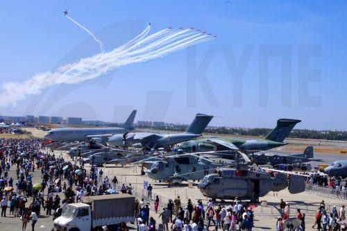 epa11890770 Kiran Mk II aircraft of the Indian Air Force (IAF) Surya Kiran Aerobatic Team (SKAT) perform during performs during the 15th 'Aero India' air show at the Yelahanka Air Force Station in Bangalore, India, 12 February 2025. The air show and aviation exhibition gathers more than 800 global exhibitors and runs from 10 to 14 February 2025. ...