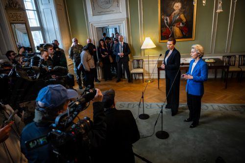 epa11972783 Danish Prime Minister Mette Frederiksen (L) and President of the European Commission Ursula von der Leyen (R) talk with the media at the Army Officers' School at Frederiksberg Castle in Frederiksberg, Denmark, 18 March 2025.  EPA/EMIL HELMS  DENMARK OUT