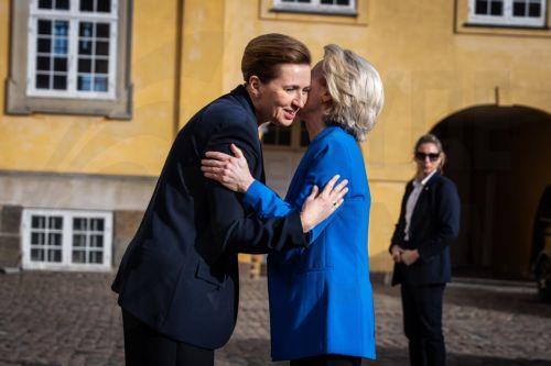 epa11972784 Danish Prime Minister Mette Frederiksen (L) welcomes President of the European Commission Ursula von der Leyen (R) at the Army Officers' School at Frederiksberg Castle in Frederiksberg, Denmark, 18 March 2025.  EPA/EMIL HELMS  DENMARK OUT