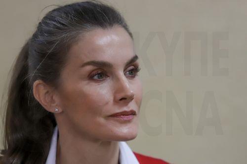 epa11989476 Queen Letizia of Spain during her visit to Regina Silva Secondary School in the Achadinha neighborhood to learn about the project 'Strengthening Spaces and Capacities for Care, Prevention, and Reintegration of Victims of Gender-Based Violence,' as part of the awareness-raising efforts for young people in the city of Praia, Santiago Island, Cape...