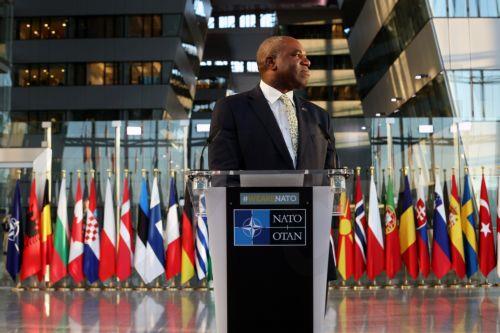 epa12008720 British Foreign Secretary David Lammy prepares to speak to members of the media during a North Atlantic Treaty Organization (NATO) Ministers of Foreign Affairs meeting in Brussels, Belgium, 04 April 2025.  EPA/OLIVIER HOSLET