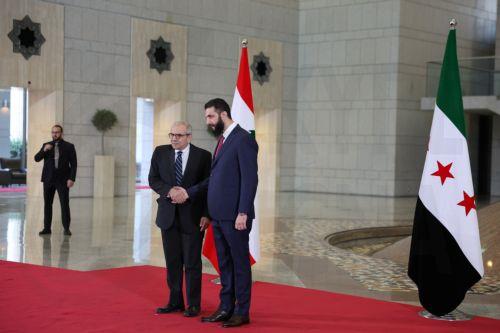 epa12031541 Syrian interim President Ahmed al-Sharaa (R) receives Lebanese Prime Minister Nawaf Salam (L) in Damascus, Syria, 14 April 2025. Salam is visiting Damascus as the first senior official since the new Lebanese government was formed in February.  EPA/MOHAMMED AL-RIFAI