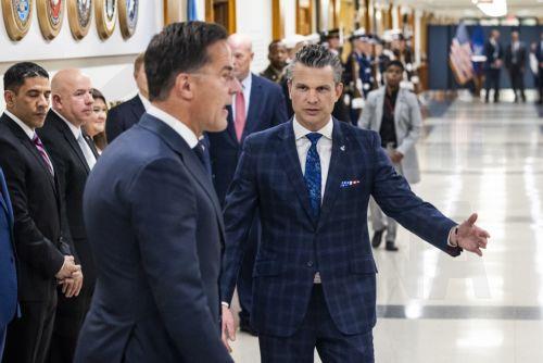 epa12051237 US Defense Secretary Pete Hegseth (R) welcomes NATO Secretary General Mark Rutte (L) to the Pentagon in Arlington, Virginia, USA, 24 April 2025. Hegseth is under fire after media reports that he shared sensitive information about a military strike in Yemen on a second group chat.  EPA/JIM LO SCALZO