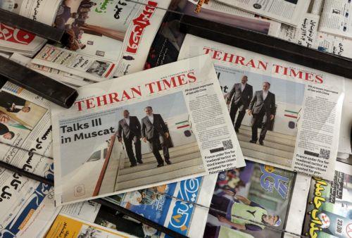 epa12055727 A copy of Iranian daily newspaper Tehran Times is seen outside a kiosk in a street in Tehran, Iran, 26 April 2025. Iran and the US will hold a third round of nuclear talks on 26 April in the Omani capital of Muscat.  EPA/ABEDIN TAHERKENAREH