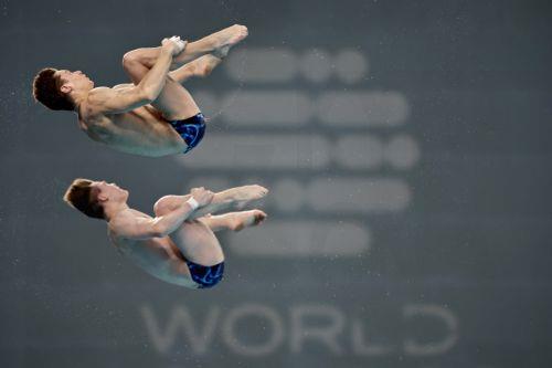 epa12069028 Mark Hrytsenko and Oleksii Sereda of Ukraine compete in the Men Synchronised 10m Platform event at the World Aquatics Diving World Cup 2025 Super Final in Beijing, China, 02 May 2025.  EPA/ANDRES MARTINEZ CASARES