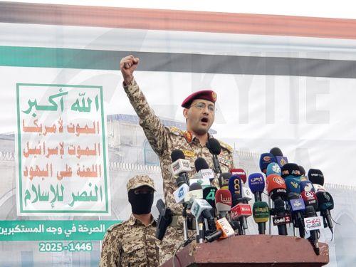 epa12069338 Houthi military spokesman Yahya Sarea delivers a statement during an anti-USA protest in Sana'a, Yemen, 02 May 2025. Thousands of Houthi supporters demonstrated in Sana'a to protest against US airstrikes targeting several Yemeni cities since mid-March. Houthis have vowed to continue military operations against Israel and US ships in waters...
