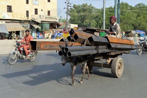 epa12130236 A man rides on a heavily loaded animal-pulled cart during a day of scorching heat, in Lahore, Pakistan, 24 May 2025. Pakistan's Punjab province and its capital Lahore are experiencing an intense heatwave with temperatures climbing over 40 degrees Celsius.  EPA/RAHAT DAR