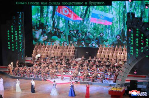epa12205623 A photo released by the official North Korean Central News Agency (KCNA) shows a performance by North Korean artistes attended by (not pictured) Russian Culture Minister Olga Lyubimova, North Korean leader Kim Jong Un and his daughter Kim Ju Ae in Pyongyang, North Korea, 29 June 2025 (issued 30 June 2025). According to KCNA, Lyubimova is...
