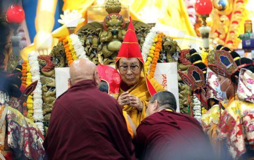 epa12217039 Tibetan Buddhism spiritual leader the Dalai Lama (C) attends a prayer ceremony for his long-life at Tibetans' main temple of Tsuglagkhang at McLeod Ganj, near Dharamsala, India, 05 July 2025. A special prayer ceremony was held for the Dalai Lama's long-life ahead of Dalai Lama's 90th birthday on 06 July.  EPA/HARISH TYAGI