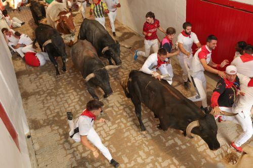 epa12236964 'Mozos' or runners take part in the eighth running of the bulls during the San Fermin Festival in Pamplona, northern Spain, 14 July 2025. The festival is held annually from 06 to 14 July.  EPA/J.P. URDIROZ