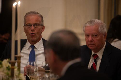 epa12246238 Senate Majority Leader John Thune (L), Republican Senator from South Dakota and Senator Lindsey Graham, Republican from South Carolina, attend a dinner with US President Donald Trump and with other Republican senators and other guests in the State Dining Room at the White House in Washington, DC, USA, 18 July 2025.  EPA/FRANCIS CHUNG / POOL