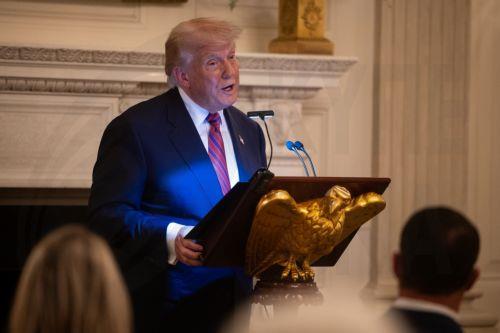 epa12246246 US President Donald Trump speaks during a dinner with Republican senators and other guests in the State Dining Room at the White House in Washington, DC, USA, 18 July 2025.  EPA/FRANCIS CHUNG / POOL