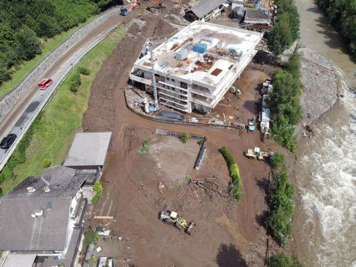 epa12258341 Residential buildings and roads are seen damaged following landslides caused by heavy rains in the Trentino-South Tyrol region, northern Italy, 24 July 2025. Heavy thunderstorms hit the Passeier Valley in the mountainous region of South Tyrol, triggering landslides and evacuations and no one was injured, closing roads due to debris and mud from...