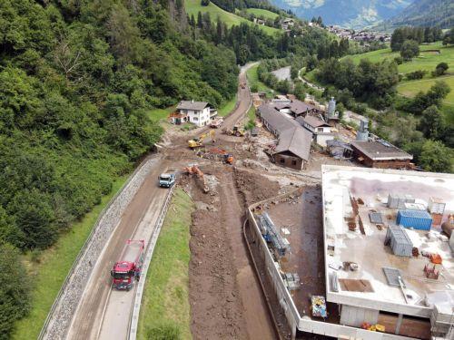 epa12258342 A general view shows damaged roads following landslides caused by heavy rains in the Trentino-South Tyrol region, northern Italy, 24 July 2025. Heavy thunderstorms hit the Passeier Valley in the mountainous region of South Tyrol, triggering landslides and evacuations and no one was injured, closing roads due to debris and mud from the Passer...
