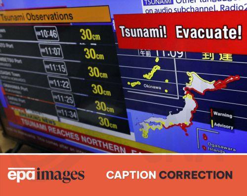 epa12271719 (CORRECTION) – This is to amend image epa12271675 issued on 29 July 2025, correcting source and byline to EPA : FRANCK ROBICHON (not: JIJI PRESS). The revised caption reads: 

epa12271675 A television screen shows a news report from the Japanese Meteorological Agency following a 8.8 magnitude quake occured off the Kamchatka Peninsula, in Tokyo,...