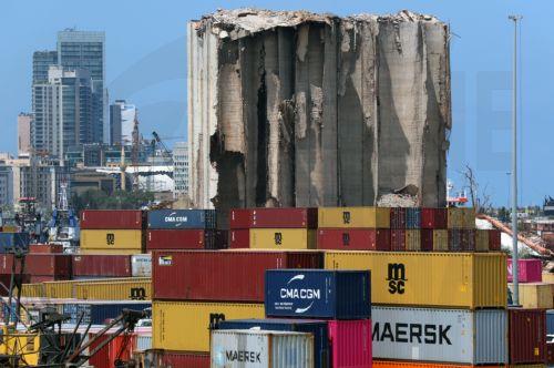 epa12281175 The damaged wheat silos seen ahead of the fifth anniversary of the explosion that hit the city of Beirut, Lebanon, 03 August 2025. At least 200 people were killed and more than 6,000 injured in the blast that devastated the port area of Beirut on 04 August 2020, believed to have been caused by an estimated 2,750 tons of ammonium nitrate stored...
