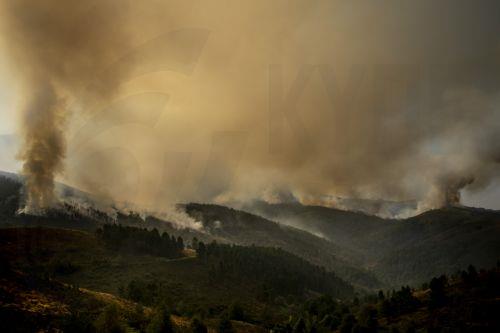 epa12292313 Smoke rises from a fire that broke out late the previous day in the surroundings of Maceda in Galicia, northwestern Spain, 10 August 2025. The fire ignited at five or six points almost simultaneously, prompting the Galician government to declare an emergency level 2 due to its proximity to A Teixeira, a neighborhood within Maceda. The situation...