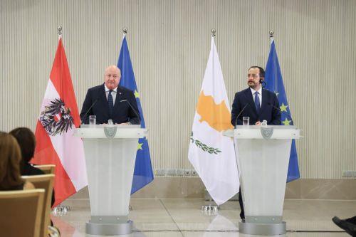 Ο Πρόεδρος της Δημοκρατίας κ. Νίκος Χριστοδουλίδης και ο Καγκελάριος της Αυστρίας κ. Christian Stocker προβαίνουν σε δηλώσεις στα ΜΜΕ, Λευκωσία 22 Αυγούστου 2025.