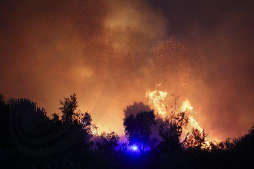 epa12319177 Firefighters battle a forest fire in Pedrogao Grande, Leiria, Portugal, 23 August 2025. The two fires that are currently consuming forest in Pedrogao Grande have already reached the municipality of Serta, with various resources being deployed in both areas to combat the fire, the Civil Protection said.  EPA/PAULO NOVAIS