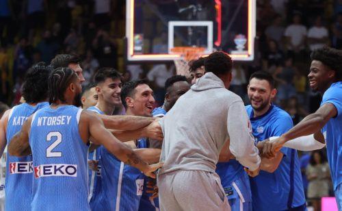 epa12337497 Players of Greece react after the FIBA EuroBasket 2025 group phase basketball match between Cyprus and Greece, in Limassol, Cyprus, 30 August 2025.  EPA/GEORGI LICOVSKI