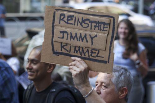 epa12388700 People protest outside an ABC office in reaction to US TV host Jimmy Kimmel's suspension from his late night talk show in New York, New York, USA, 18 September 2025. ABC announced on 17 September that 'Jimmy Kimmel Live!' was indefinitely suspended from air following criticism from Brendan Carr, the Federal Communications Commission chair, for...
