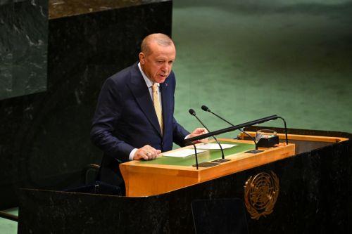 epa12398978 Turkish President Recep Tayyip Erdogan speaks during the High-Level International Conference for the Peaceful Settlement of the Question of Palestine and the Implementation of the Two-State Solution, at the United Nations (UN) headquarters in New York, New York, USA, 22 September 2025. The UN General Assembly's high-level week runs from 22 until...