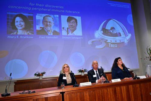 epa12434535 Members of the Nobel Assembly announce the recipients of the 2025 Nobel Prize in Physiology or Medicine, Mary E. Brunkow, Fred Ramsdell and Shimon Sakaguchi, for their discoveries concerning peripheral immune tolerance, at the Karolinska Institute, in Solna, Stockholm County, Sweden, 06 October 2025.  EPA/CLAUDIO BRESCIANI/TT  SWEDEN OUT