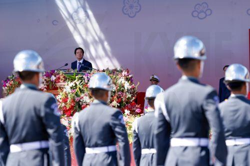 epa12443782 Taiwanese President William Lai (Lai Ching-te) speaks during Taiwan's National Day celebrations outside the Presidential office building in Taipei, Taiwan, 10 October 2025.
Taiwan's National day, also known as Double Ten Day, is celebrated annually on 10 October.  EPA/RITCHIE B. TONGO