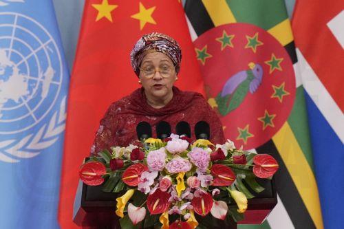 epa12449729 UN deputy secretary-general Amina Jane Mohammed delivers a speech during the opening ceremony of the Global Women's Summit 2025 at China National Convention Center in Beijing, China, 13 October 2025.  EPA/KEN ISHII / POOL