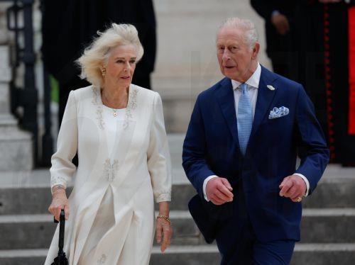 epa12475695 Britain's King Charles III (R) with Queen Camilla, attend the ceremony of his appointment as Royal Confrater of St. Paul at the Basilica of Saint Paul Outside the Walls, in Rome, Italy, 23 October 2025.  EPA/GIUSEPPE LAMI