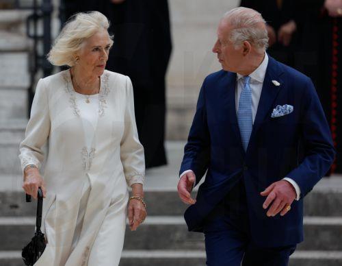 epa12475699 Britain's King Charles III (R) with Queen Camilla, attend the ceremony of his appointment as Royal Confrater of St. Paul at the Basilica of Saint Paul Outside the Walls, in Rome, Italy, 23 October 2025.  EPA/GIUSEPPE LAMI