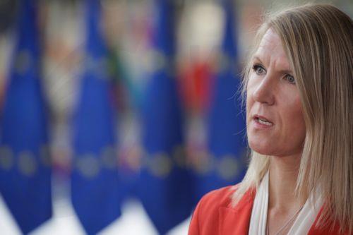 epa12502526 Minister of the Environment and Climate Change of Finland Sari Multala speaks with the media during the European Environment Council meeting in Brussels, Belgium, 04 November 2025. European environment ministers are in Brussels to discuss the European Climate Law amendment and the urgent need for postponement and substantive simplification of...