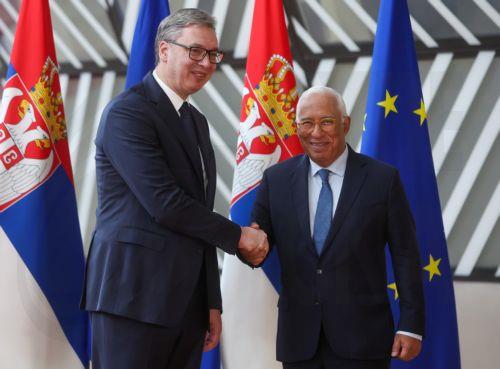 epa12502574 European Council President Antonio Costa (R) welcomes Serbian President Aleksandar Vucic (L) ahead to a meeting in Brussels, Belgium, 04 November 2025. EU release its enlargement progress ratings today, with foreign policy chief Kaja Kallas and commissioner Marta Kos presenting assessments on Georgia's decline, Ukraine's reform efforts amid war,...