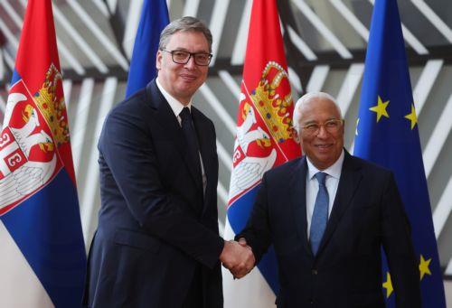 epa12502575 European Council President Antonio Costa (R) welcomes Serbian President Aleksandar Vucic (L) ahead to a meeting in Brussels, Belgium, 04 November 2025. EU release its enlargement progress ratings today, with foreign policy chief Kaja Kallas and commissioner Marta Kos presenting assessments on Georgia's decline, Ukraine's reform efforts amid war,...