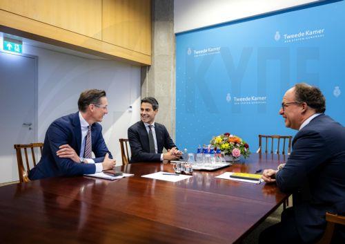 epa12510440 Coalition scout Wouter Koolmees (R) welcomes Rob Jetten (D66) and Joost Eerdmans (JA21) for a second meeting about a cabinet formation, in The Hague, the Netherlands, 07 November 2025.  EPA/SEM VAN DER WAL