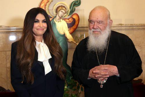 epa12522834 Archbishop of Greece Ieronymos welcomes US Ambassador to Greece Kimberly Guilfoyle (L) during their meeting, in Athens, Greece, 13 November 2025.  EPA/ORESTIS PANAGIOTOU