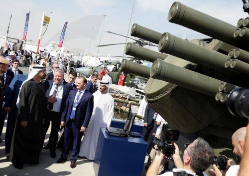 epa12531380 Sheikh Mohamed bin Zayed Al Nahyan (L), President of the United Arab Emirates and Ruler of the emirate of Abu Dhabi, tours the Russian pavilion at the exhibition of the Dubai Airshow 2025 at Dubai World Central - Al Maktoum International Airport, in Jebel Ali, Dubai, United Arab Emirates, 17 November 2025. The 19th edition of the Dubai Airshow...