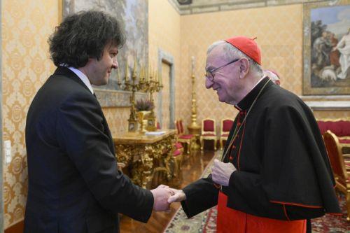 epa12545770 A handout photo made available by the Holy See press office shows Vatican Secretary of State Cardinal Pietro Parolin (R) during a meeting with Georgia's Prime Minister Irakli Kobakhidze in Vatican City, 24 November 2025.  EPA/HOLY SEE PRESS OFFICE HANDOUT HANDOUT EDITORIAL USE ONLY/NO SALES