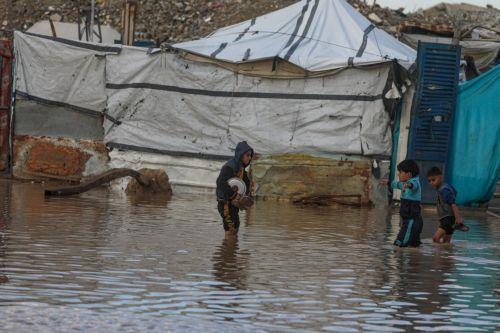 epa12548245 Internally displaced Palestinian boys walk in a puddle near their tents on a rainy day in Al Zaitun neighbourhood in the east of Gaza City, Gaza Strip, 25 November 2025. Around 1.9 million people in Gaza, nearly 90 percent of the population, have been displaced since the Israel-Hamas conflict began in October 2023, according to the UN. ...