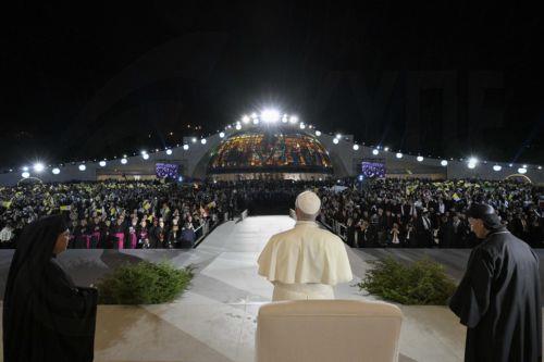 epa12563061 A handout picture provided by the Vatican Media shows Pope Leo XIV during a meeting with young people in the Square in front of the Maronite Patriarchate of Antioch in Bkerke, Lebanon, 01 December 2025. Pope Leo XIV is on his first apostolic visit outside Italy since his election as pontiff. He visited Turkey from 27 November and continues his...