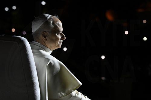 epa12563063 A handout picture provided by the Vatican Media shows Pope Leo XIV during a meeting with young people in the Square in front of the Maronite Patriarchate of Antioch in Bkerke, Lebanon, 01 December 2025. Pope Leo XIV is on his first apostolic visit outside Italy since his election as pontiff. He visited Turkey from 27 November and continues his...